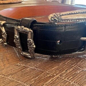 Brighton Vintage Y2K 90s  Croc Black Leather Belt with Silver Accents